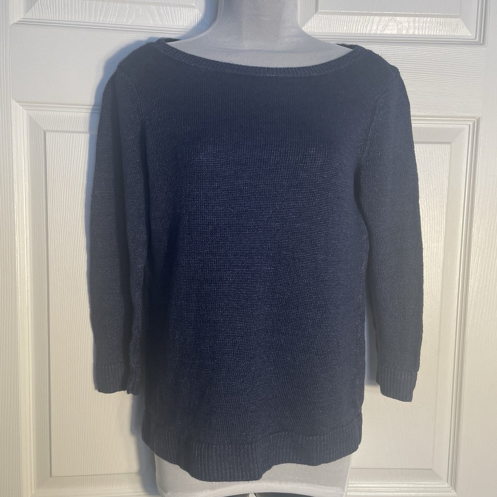 Talbots Sweater Women M Blue 100% Linen Knit 3/4 Sleeve Knit Pullover Nautical‎